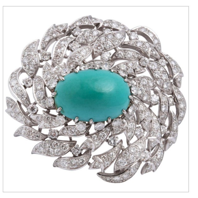 Metal Platinum, Diamond, and Persian Turquoise Asymmetric Dress Clip For Sale - Image 7 of 7