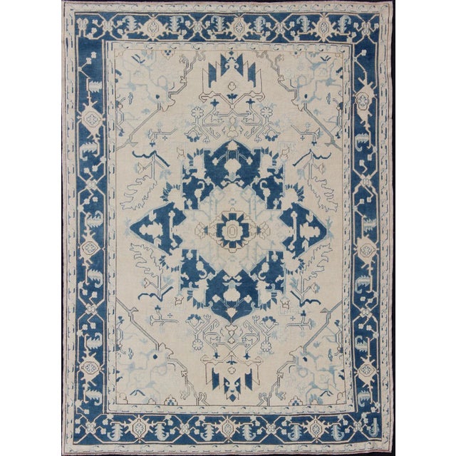 Blue and Ivory Floral Vintage Turkish Oushak Rug With Blossoming Medallion For Sale - Image 12 of 12