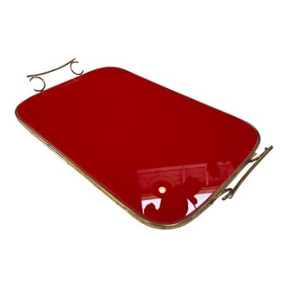 Arlecchino Milano Red Serving Tray With Brass Handles For Sale