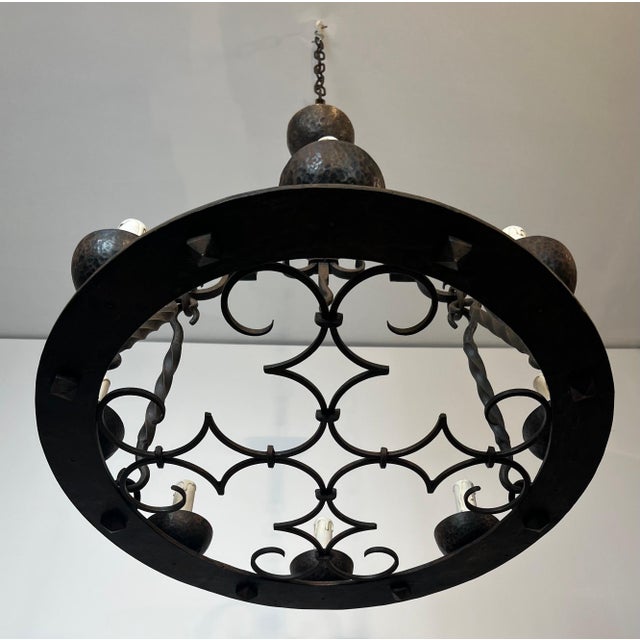 1940s 1940s Gothic Style 8 Light Round Wrought Iron Chandelier For Sale - Image 5 of 12
