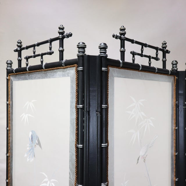 Vintage Chinese Hand-Painted Four-Panel Silk Folding Screen – Bamboo & Bird Motif For Sale In New York - Image 6 of 13