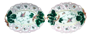 Worcester Porcelain Basket Leaf Dishes - A Pair