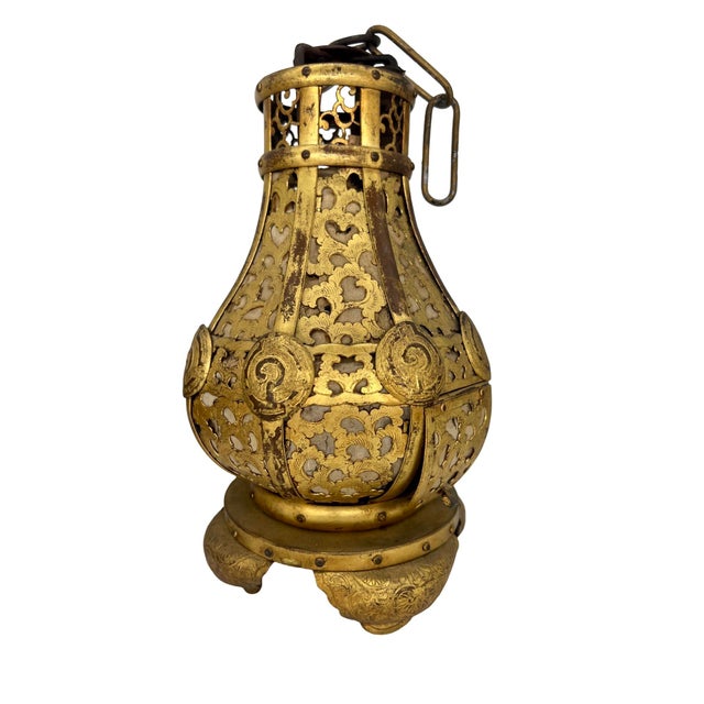 Japanese Pair, Meiji Period Japanese Gilt Bronze & Parchment Pierced Lanterns Hang or Table For Sale - Image 3 of 12
