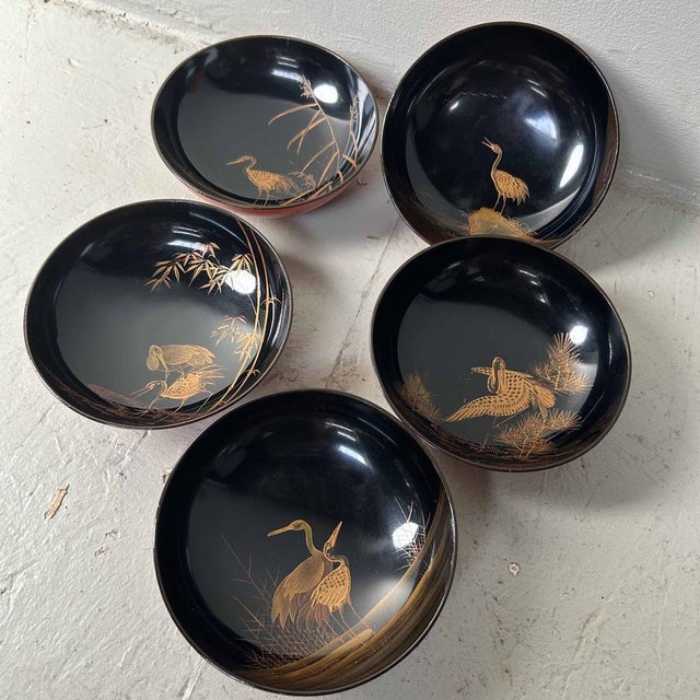 Boho Chic Meiji Era Urushi Maki-E Owan Bowls, 1890s, Set of 5 For Sale - Image 3 of 18