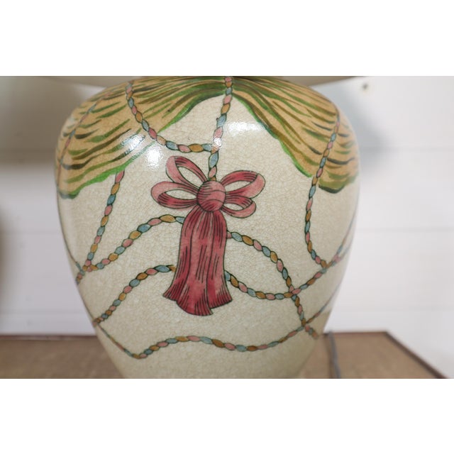 Wood Vintage Pair Wildwood Hand Painted Ceramic Tassel Table Lamps 80's 90's Hollywood Regency Neoclassical Traditional For Sale - Image 7 of 17