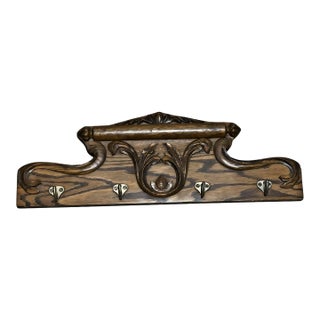 Vintage French Country Style 4 Hooks Carved Wood Wall Coat Rack For Sale