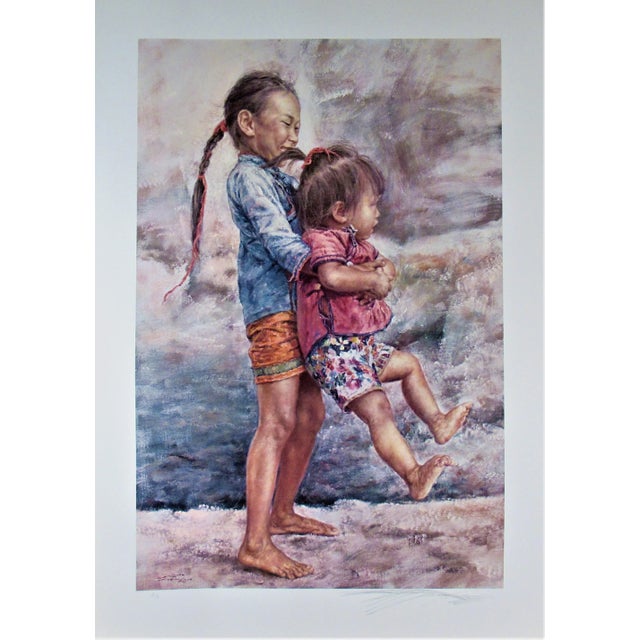 This artwork Titled "Happy Sisters" 1977 in a color off set lithograph by renown Chinese/American artist Wai Ming A.K.A Lo...