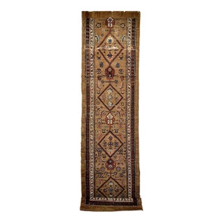 Antique Persian Serab Camel Hair Runner Rug, Hand-Knotted Wool, Geometric Pattern, Red & Green, 4x14 For Sale