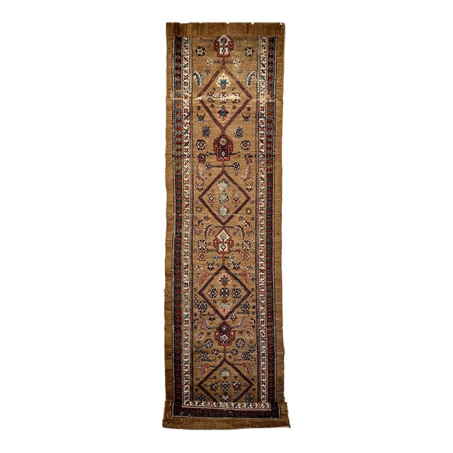 Antique Persian Serab Camel Hair Runner Rug, Hand-Knotted Wool, Geometric Pattern, Red & Green, 4x14 For Sale