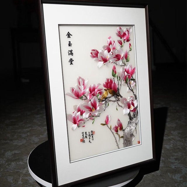 2020s Handmade Suzhou Embroidery “Golden Abundance” Magnolia Blossom Artwork – Luxury Silk Embroidered Decorative Wall Art For Sale - Image 5 of 10