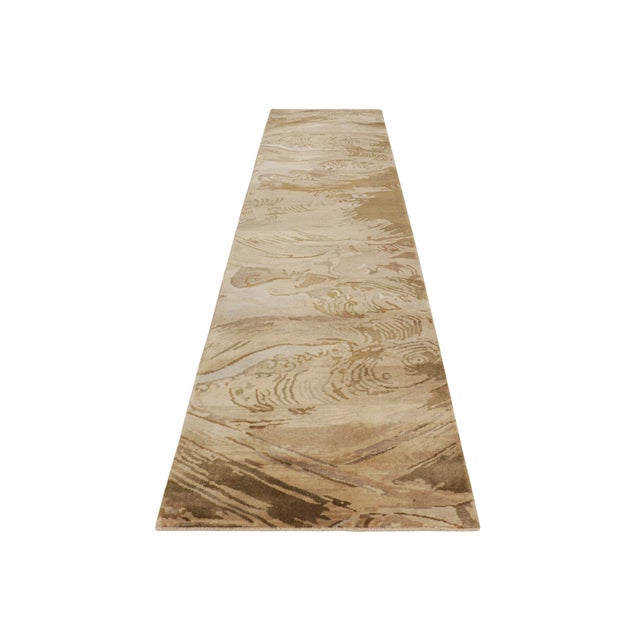2010s Rug & Kilim’s Chinese Art Deco Style Runner in Beige-Brown Wave Pictorials For Sale - Image 5 of 8
