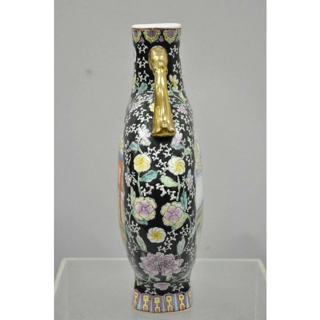 Black Vintage Chinese Porcelain Double Handle Large Moon Flask Flower Vase For Sale - Image 8 of 12