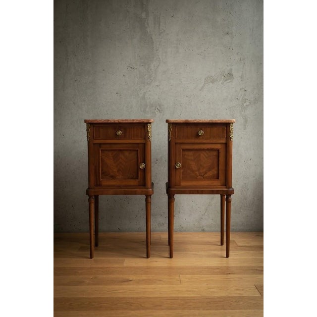 Antique French Mahogany Bedside Cabinets with Marble Tops, 1900, Set of 2 For Sale - Image 3 of 16