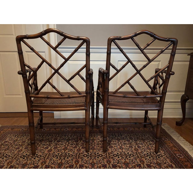 1970s Pair of Mid-Century Faux Bamboo Chinese Chippendale Style . Arm Chairs For Sale - Image 4 of 10