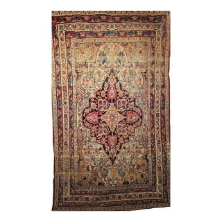 19th Century Kerman Lavar Rug, Hand-Knotted Wool, Floral Pattern, Ivory & Red, 5x8 For Sale