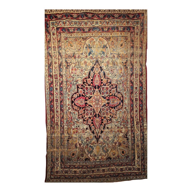 19th Century Persian Kerman Lavar Rug, Hand-Knotted Wool, Floral Pattern, Ivory & Red, 5x8 For Sale