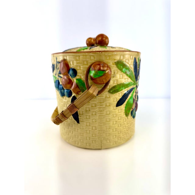 Yellow Vintage Japanese Majolica Fruit & Basket Weave Biscuit Jar With Rattan Handle For Sale - Image 8 of 13