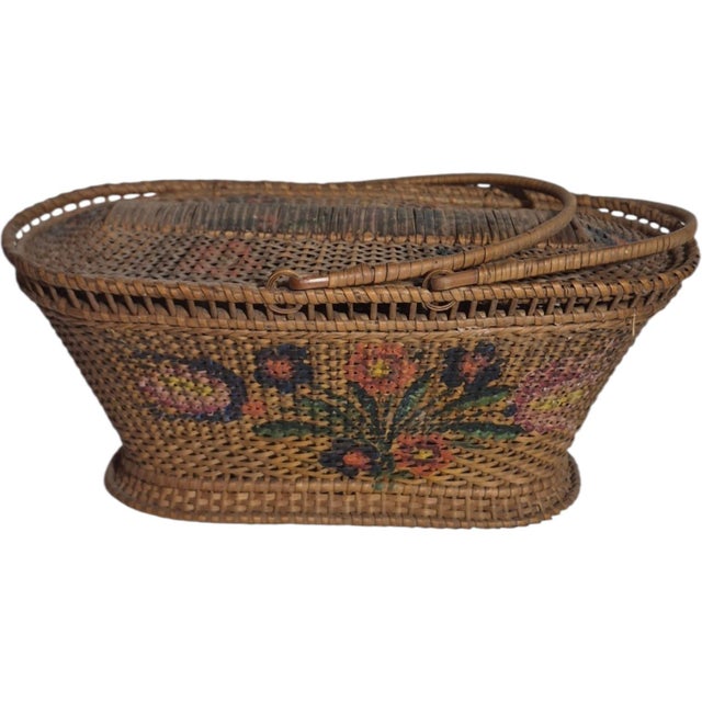 Antique Chinese Rice Straw Basket with Hand-Painted Flowers from a prominent Pennsylvania estate. It measures 10 inches.