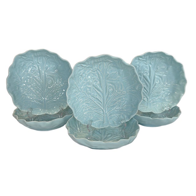 This is a beautiful set of vintage faiança cabbageware salad service set by Matias Belo of Portugal, featuring richly...