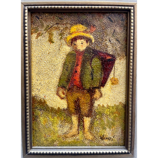 Charming signed folk-art style painting by Ruth Vamos, depicting a child in a wide-brim yellow hat, olive jacket, and red...