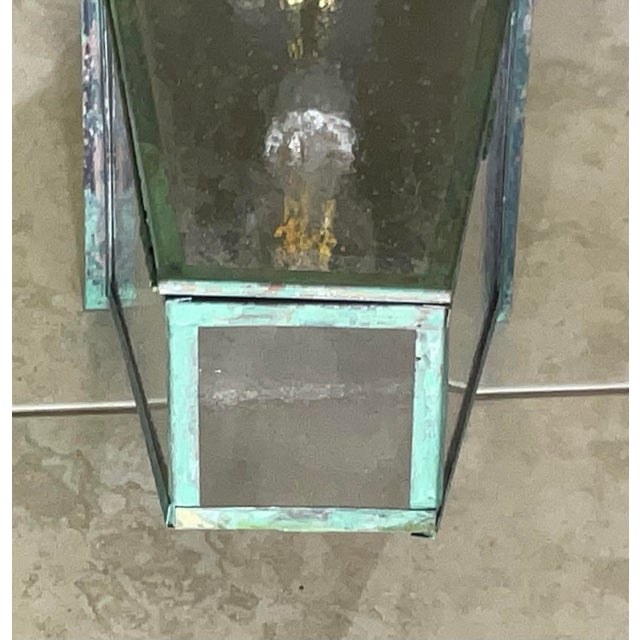 Turquoise Single Small Vintage Solid Brass Hanging Lantern- 17”h X 7”.5 X 7”.5 For Sale - Image 8 of 11