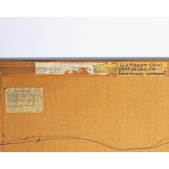Textile 1970s “Something’s Happening” Oil on Canvas Painting by George Joseph Moody For Sale - Image 7 of 9