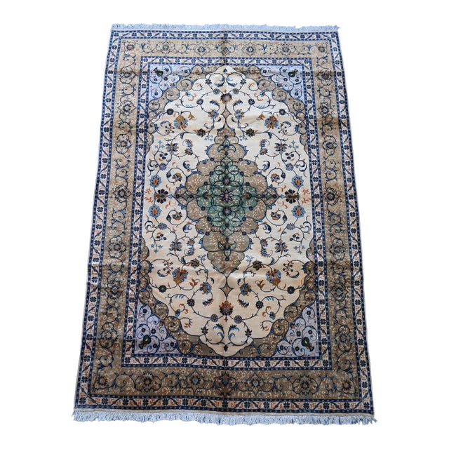 Vintage Persian Tabriz Rug – Floral Medallion, Ivory & Green Accents For Sale