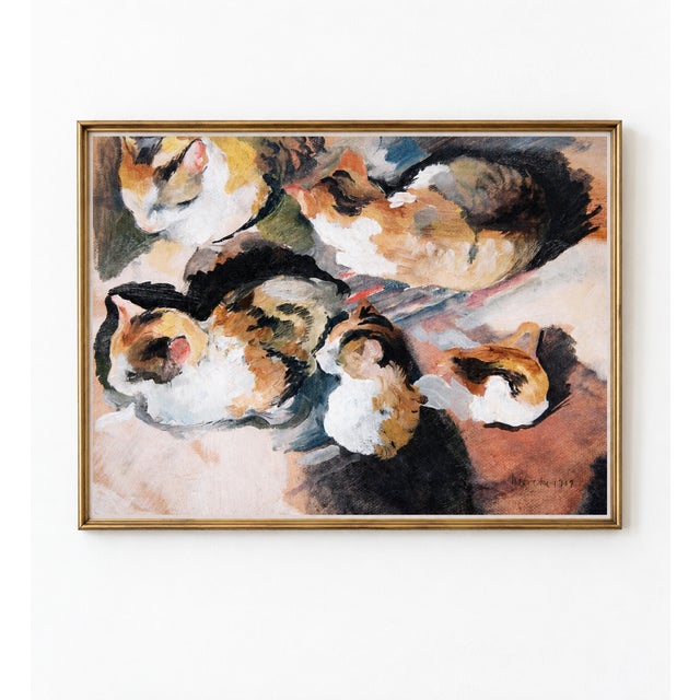 This vintage calico cat art print by August Macke captures a charming collection of resting cats in expressive shades of...