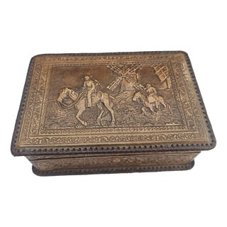 Don Quixote Wooden Box Covered with Embossed Leather for Cigars and Cigarillos, 1950s For Sale
