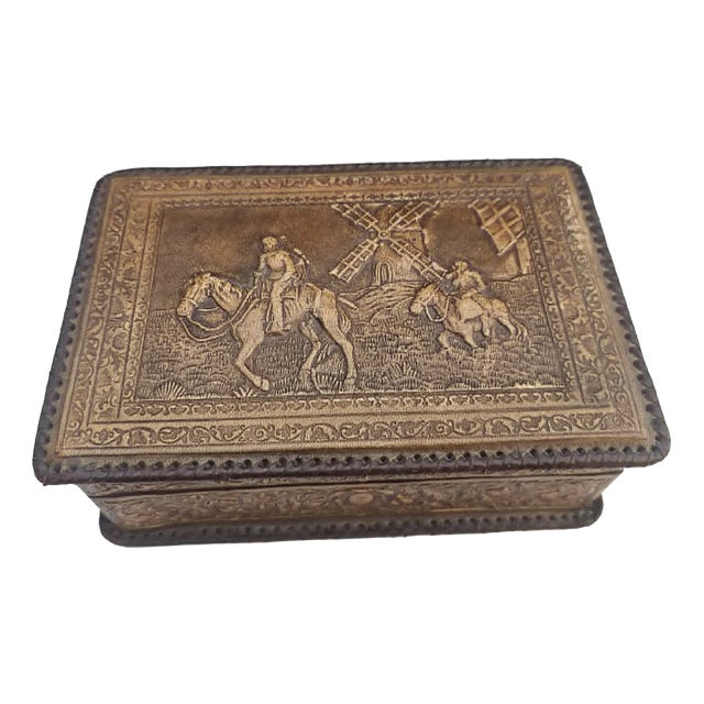 Don Quixote Wooden Box Covered with Embossed Leather for Cigars and Cigarillos, 1950s For Sale
