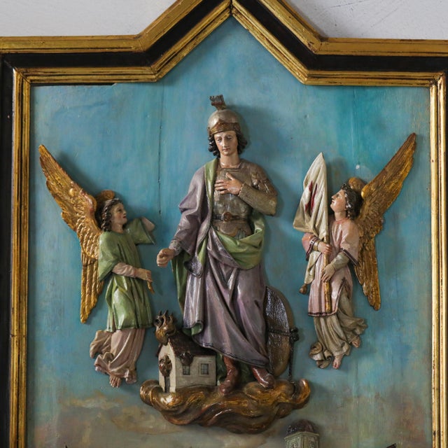 Large 19th Century Saint Florian Carved Relief Plaque in Gilt Arched Frame For Sale - Image 4 of 14