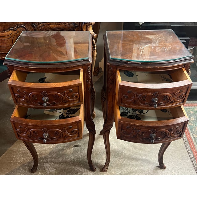Wood Vintage 1920s French-Style End Tables With 3-Drawers, Ornate Carvings and Glass Tops For Sale - Image 7 of 10