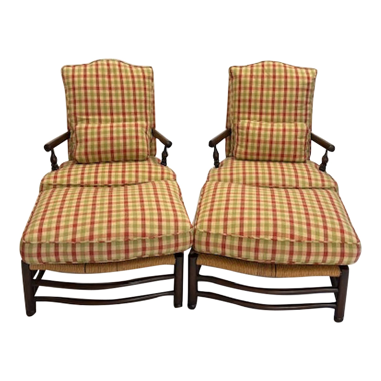 Vintage Rush Seat Upholstered Back Arm Chairs and Ottomans in Pierre ...