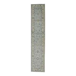 Early 21st Century Blue & Green Floral Design Handwoven Wool Turkish Oushak Runner 3' X 14'6" For Sale