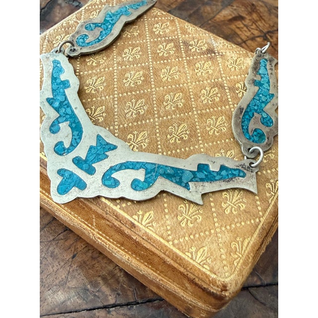 Vintage Mexican Alpaca Silver Necklace Turquoise Inlay For Sale - Image 11 of 11