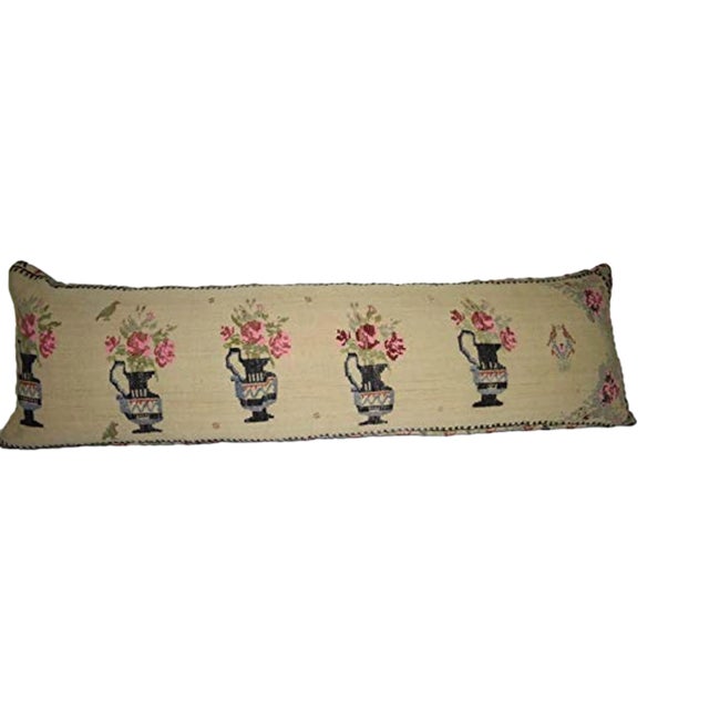 Vintage Flatweave Kilim Rug Pillow With Embroidered 18'' X 57'' For Sale