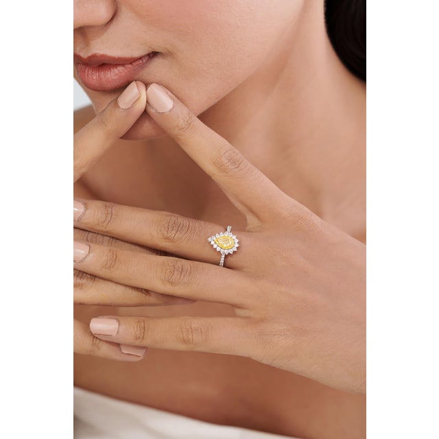 Not Yet Made - Made To Order Transitional 1ct Yellow Diamond Double Halo 18k Gold Pear Engagement Ring Size 4 For Sale - Image 5 of 18