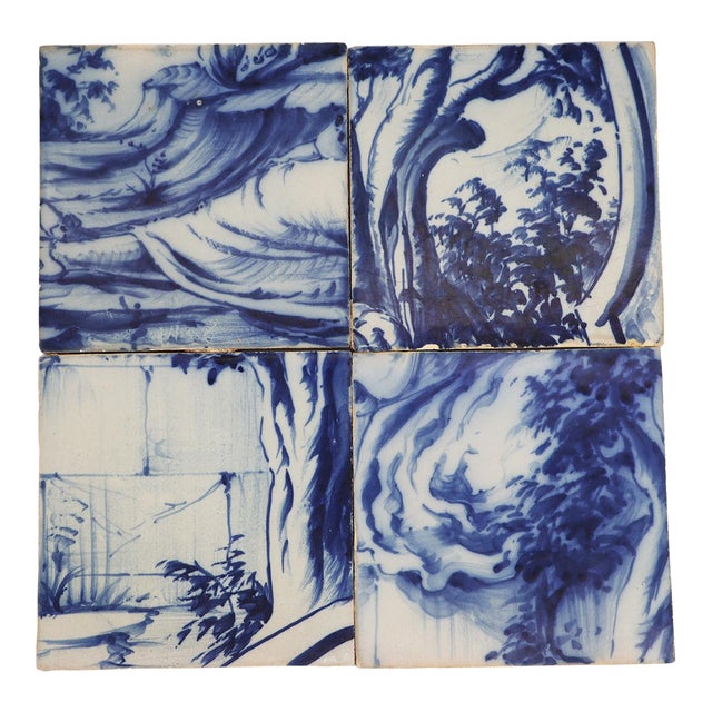 19th Century Set of Four Tiles Depicting a Woman Seated in a Field and Trees, Portuguese Baroque For Sale
