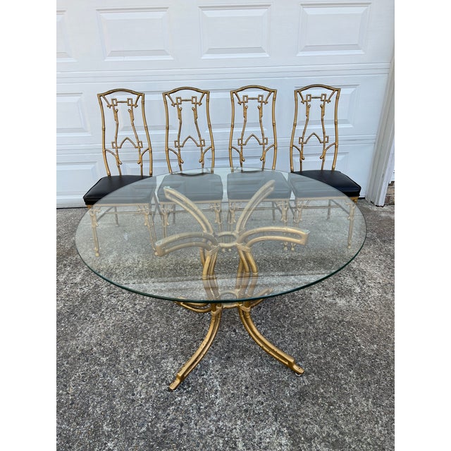 1960s Faux Bamboo SixPiece Cast Iron Glass Top Table and Chairs
