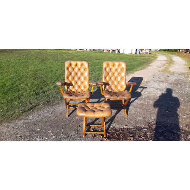 Chesterfield Leather Armchairs and Pouf, 1930, Set of 3 For Sale - Image 11 of 11