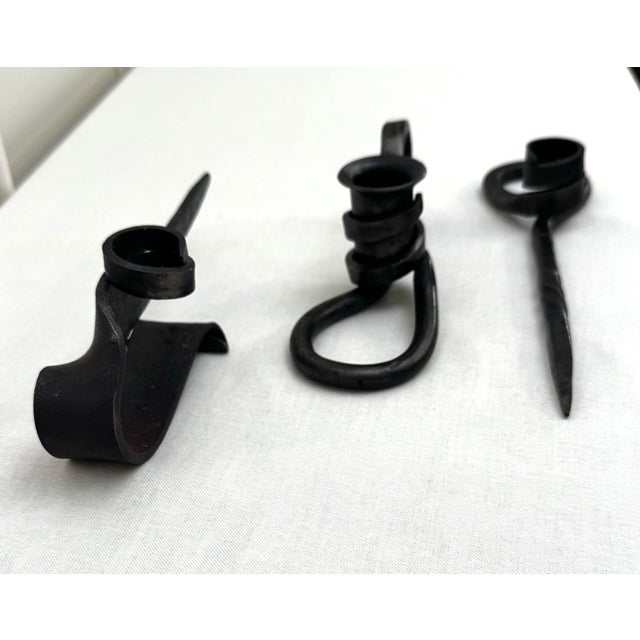 Vintage Brutalist Hand-Forged Iron Candle Taper Holders, Set of Three For Sale - Image 10 of 12