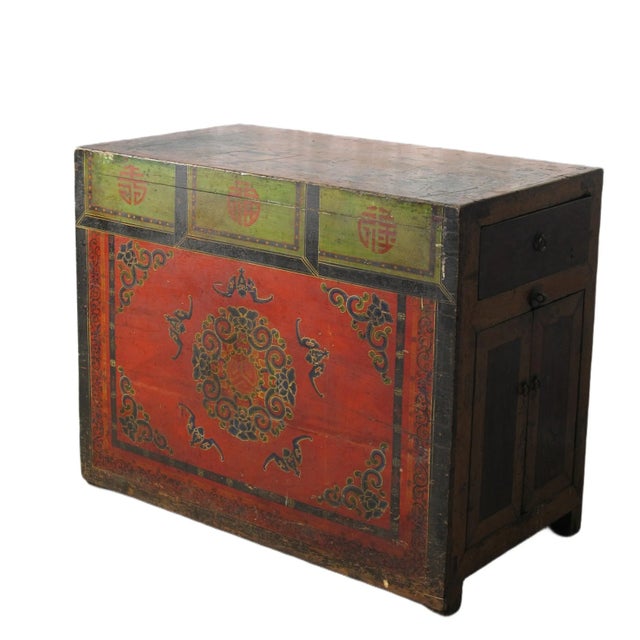 Late 19th Century Hand Painted Five Bats Antique Gansu Tibetan Cabinet For Sale - Image 4 of 12