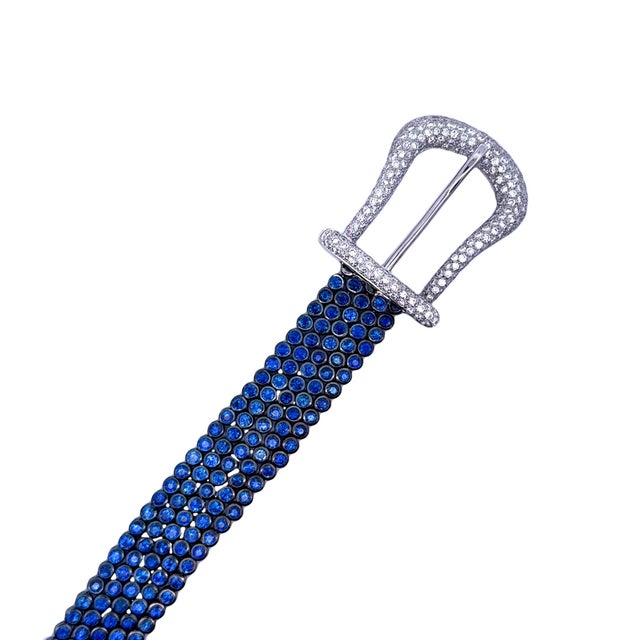 Contemporary Blue Sapphire & Diamond 18k White Gold Belt-Buckle Bracelet For Sale - Image 3 of 6