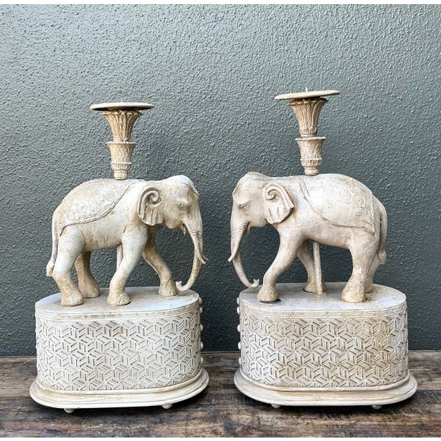 Late 20th Century Vintage Carved Wood Elephant Candlesticks - A Pair For Sale - Image 5 of 12