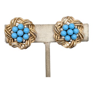 Vintage Signed Crown Trifari Goldtone Cabochon Faux-Turquoise Clip Earrings-2 Pieces For Sale