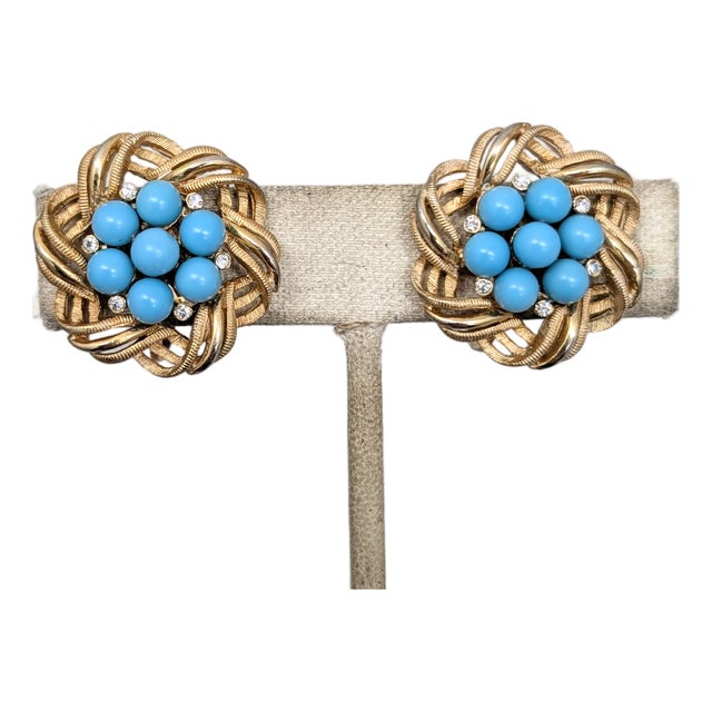 Vintage Signed Crown Trifari Goldtone Cabochon Faux-Turquoise Clip Earrings-2 Pieces For Sale