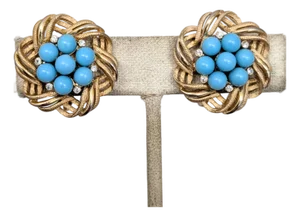 Vintage Signed Crown Trifari Goldtone Cabochon Faux-Turquoise Clip Earrings-2 Pieces