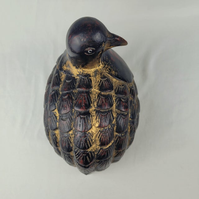 Antique Japanese Carved Wood Quail Statue Lacquered Black Gold Accent Bird Decor For Sale - Image 6 of 10