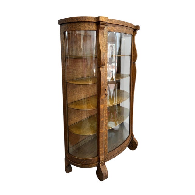 Antique American Tiger Oak Bowfront Curio Cabinet With Bent Glass, C. 1900 For Sale - Image 4 of 13