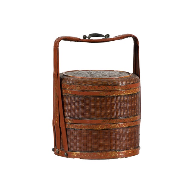 Vintage Chinese Woven Food Box with Painted Wood Bands, Double-Handled Carrying For Sale - Image 9 of 18